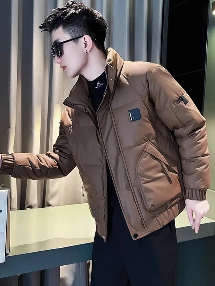 Fashionable Autumn Winter Men's Cotton Jacket Stand Collar Workwear Thick Warm Polyester Fiber Long Sleeve Zipper Closure