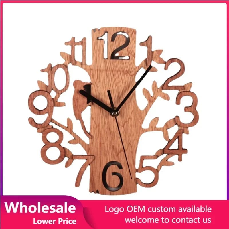 Wall clock 3D Diameter 23 cm Creative tree-shaped with bird Wall clock Wooden kitchen Home decoration Office number Quiet clock