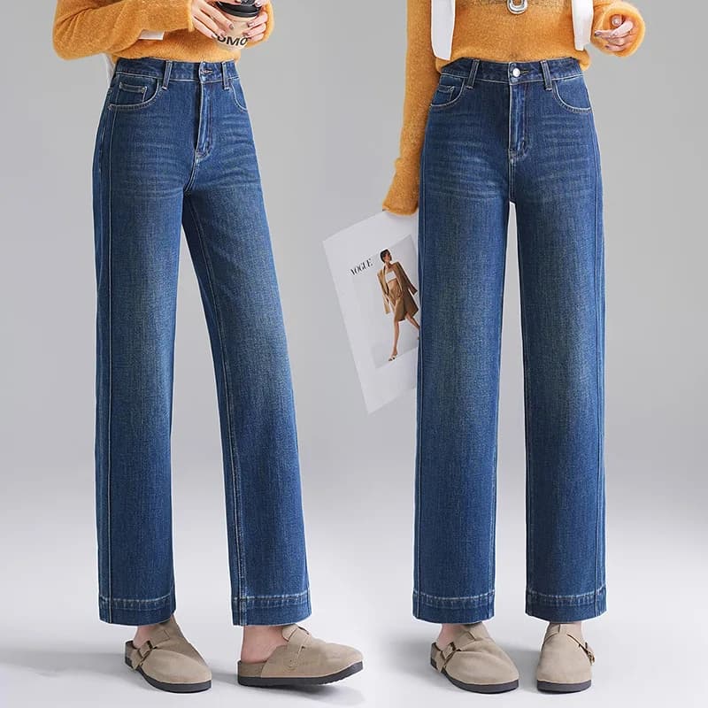 Jeans a nove punte da donna Autunno Nuovi pantaloni dritti a vita alta con design a doppia cucitura laterale elasticizzato a quattro vie