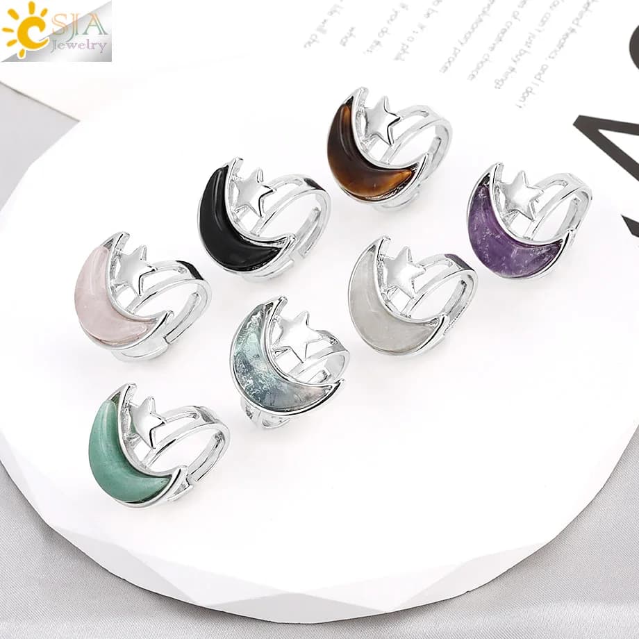 Anello con Cristalli Luna e Stella CSJA, Pietre Naturali Ametiste e Quarzo Rosa, Anelli da Dito per Donne, Regalo, Gioielli e Accessori H565