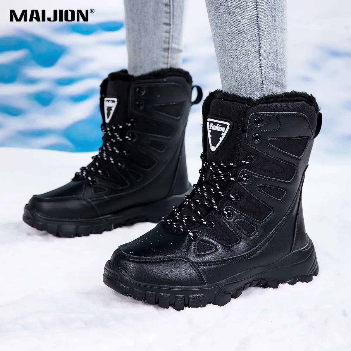 Women High Top Winter Snow Boots Warm Plush Waterproof Lace Up Hiking Boots Non Slip Thick Sole Outdoor Casual Cotton Shoes