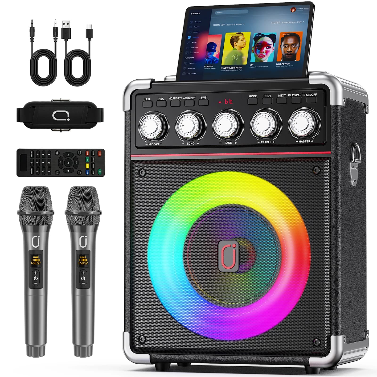 Macchina per karaoke TX05 con 2 microfoni wireless, altoparlante portatile per sistema karaoke con luce RGB per supporto scatola per feste in casa, TWS