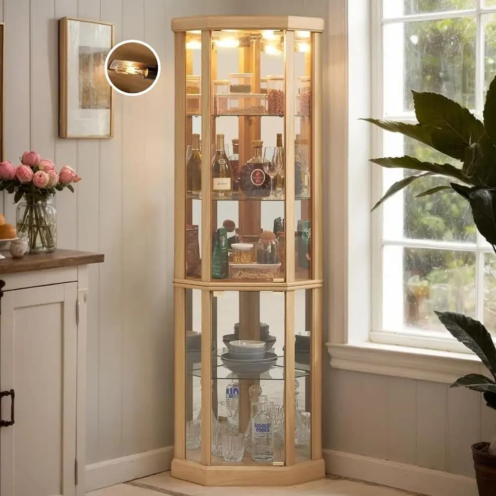 Vetrina Illuminata Alta 70 cm con 5 Ripiani Regolabili, Porta in Vetro Temperato, Lampadina Inclusa, Adatta per Cantinetta Vini