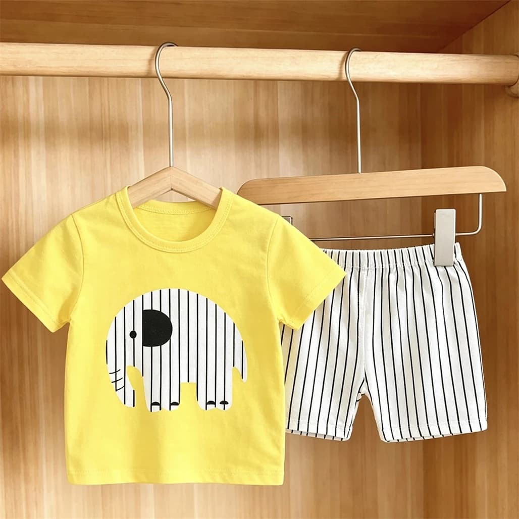 Short-sleeved Outfits For Children Cartoon Tshirt+Shorts Summer Costume Round Neck Tees Simple Versatile Shorts Two Piece Set