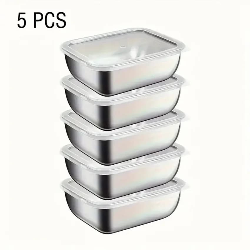 Set di 5 Contenitori Impilabili in Acciaio Inox per Conservazione Alimenti, Ideali per Preparazione Pasti, Frigorifero, Pranzo e Viaggi