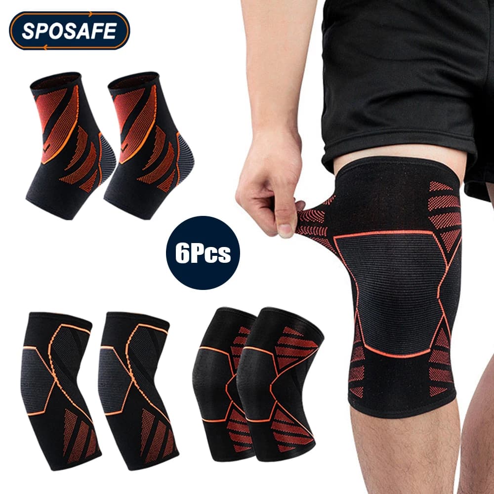 6 pz/set ginocchio gomito cavigliera sport equipaggiamento protettivo Set compressioni maniche di supporto per ciclismo corsa pallacanestro calcio