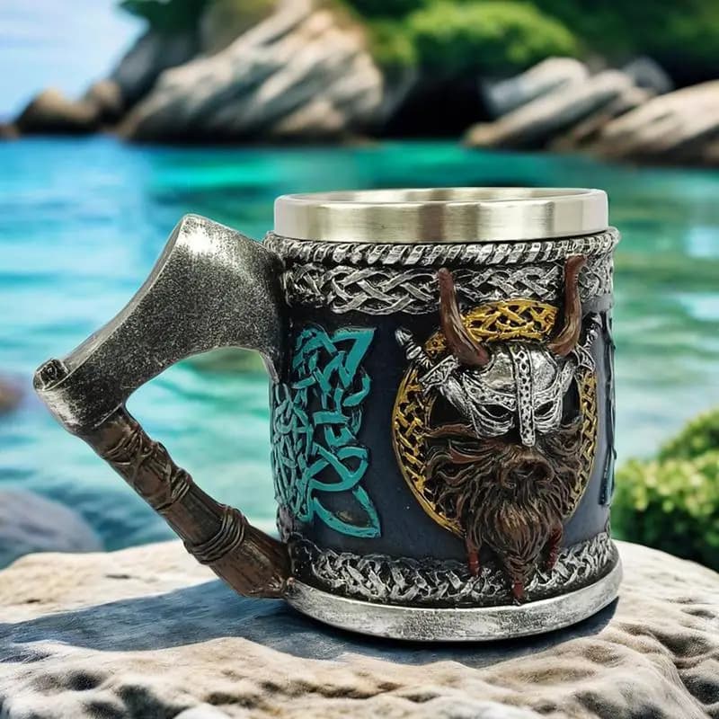 Tazza di boccale di birra con teschio in corno a manico singolo in acciaio inossidabile vichingo, tazza di teschio di guerriero vichingo nordico Tankard bicchieri da Bar di Halloween