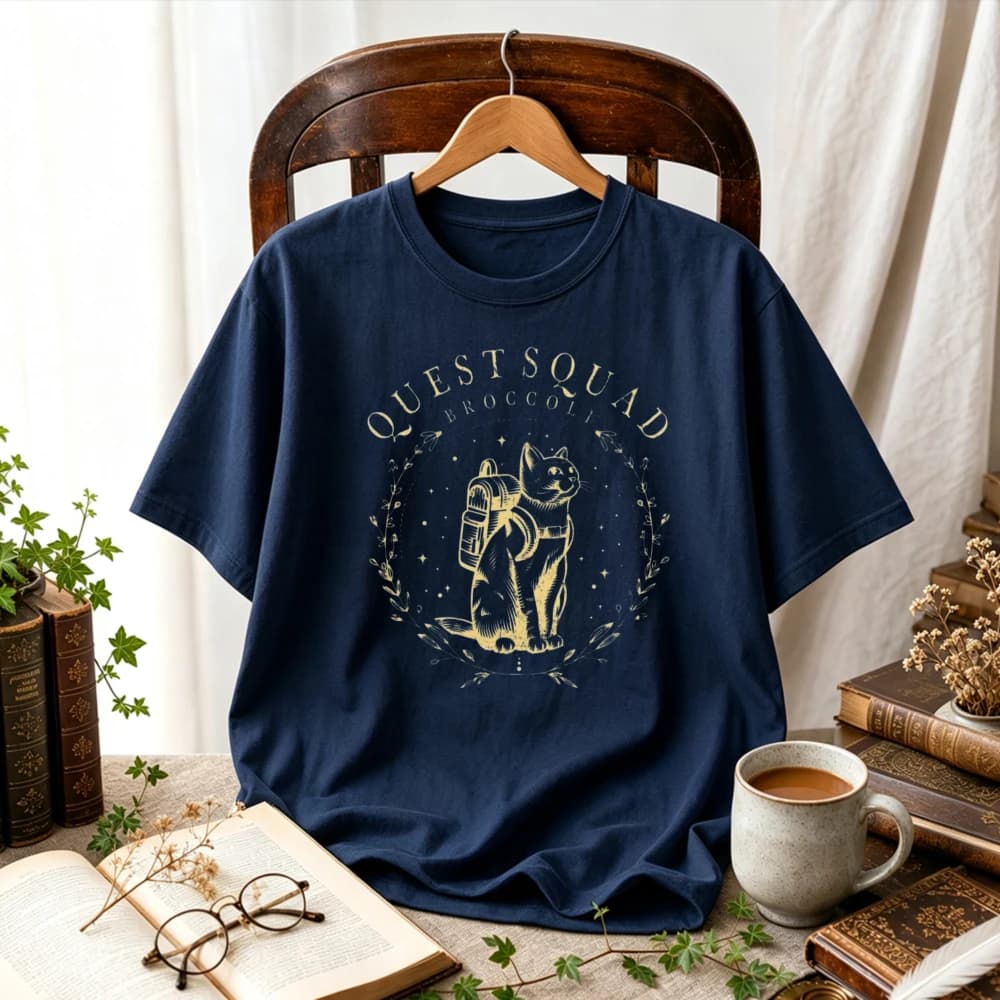 Quest Squad Broccoli Adventure Backpack Cat Vintage Sketch T-Shirt Wreath Kitten Graphic Tee Unisex Shirt Fantasy Book Tops Gift