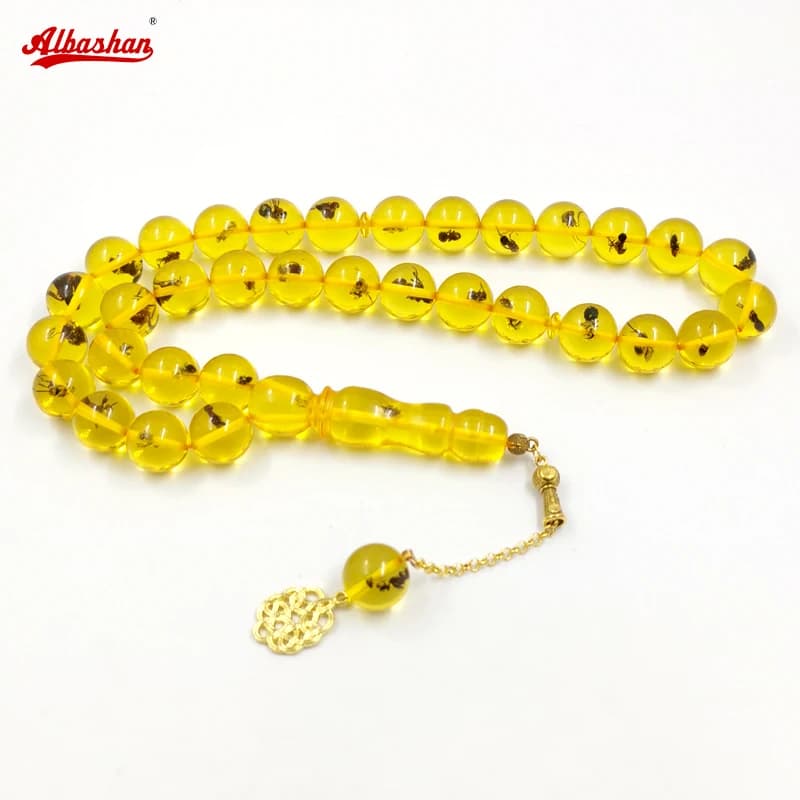 Braccialetti Tasbih grandi in resina con insetti veri, gialli, stile arabo, 33 perline di preghiera, accessori dorati, Misbaha turca
