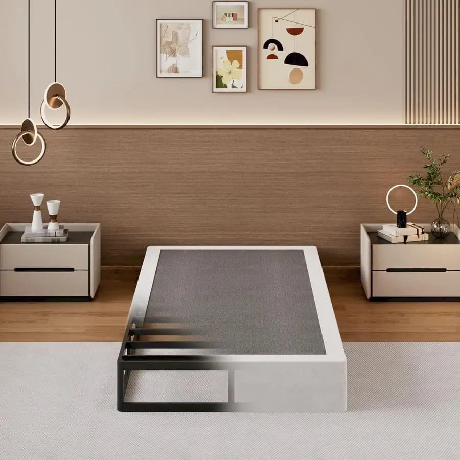 Metal double bed base with 8 inch pocket spring mattress, with fabric coating, easy to mount