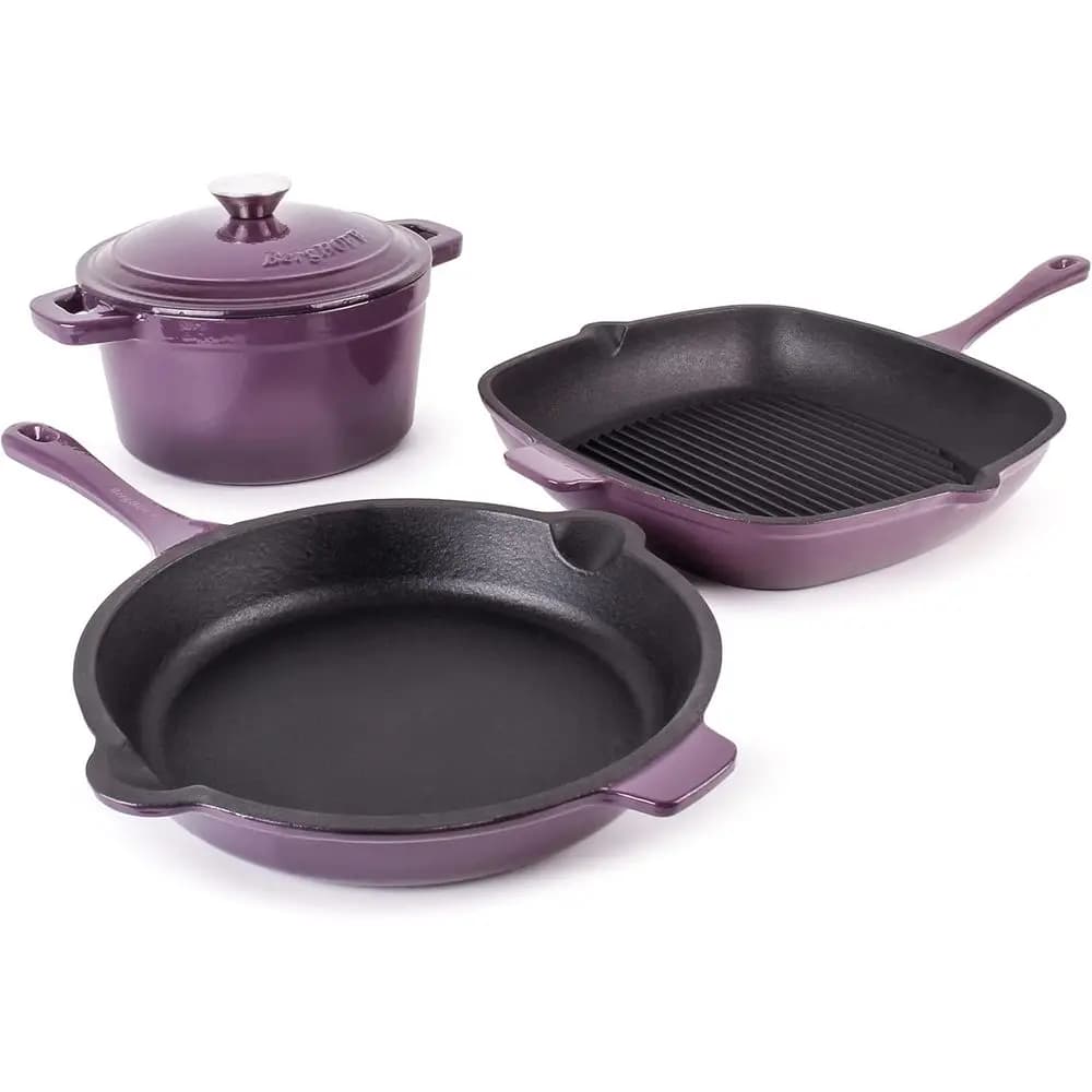Set di pentole in ghisa smaltata da 4 pezzi: 11 padelle grill, 10 padelle per friggere, pentola olandese da 3 litri, coperchi abbinati, calore uniforme, adatte al forno
