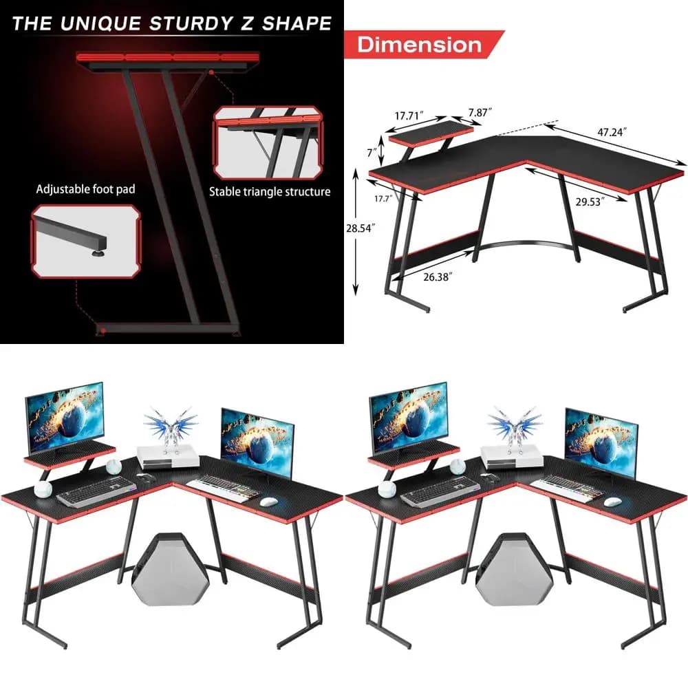 47 Inch L Desk With Large Monitor Support for Gaming and Home Office (Black)
