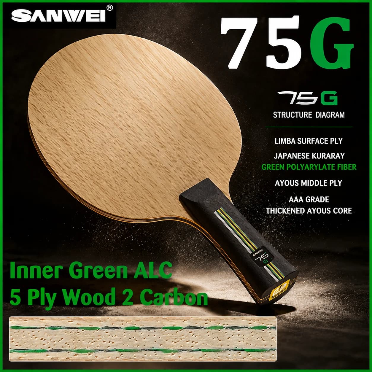 SANWEI 75G Table Tennis Blade Inner Green ALC 5 Wood 2 Carbon Ping Pong Paddle Professional Allround Original Ping Pong Racket