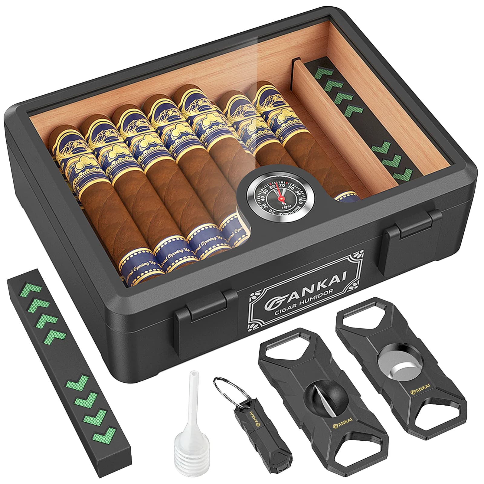 Humidor per Sigari, Scatola per Sigari con Coperchio in Vetro, Umidificatore e Igrometro, Custodia Antiurto, Rivestimento in Legno di Cedro per 20-25 Sigari