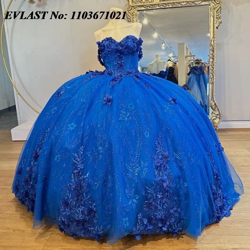 EVLAST Personalizzato Royal Blue Abito Quinceanera Abito di Sfera 3D Applique Floreale Che Borda Corsetto Dolce 16 Abiti De XV 15 Anos SQ105