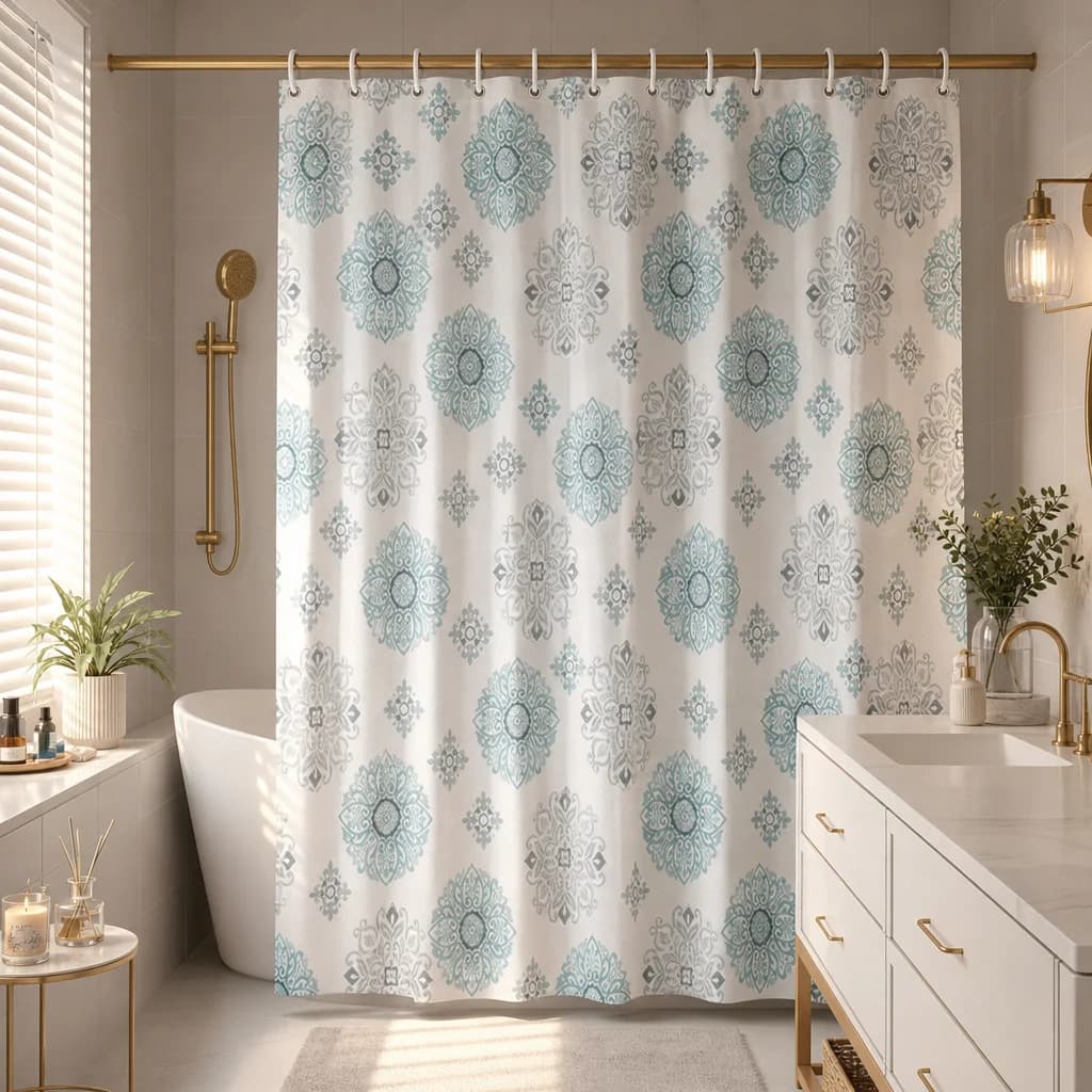 Blue Mandala Shower Curtain Boho Damask Floral Pattern Waterproof Fabric Modern Bathroom Decor Curtains with 12Hooks 180x180cm