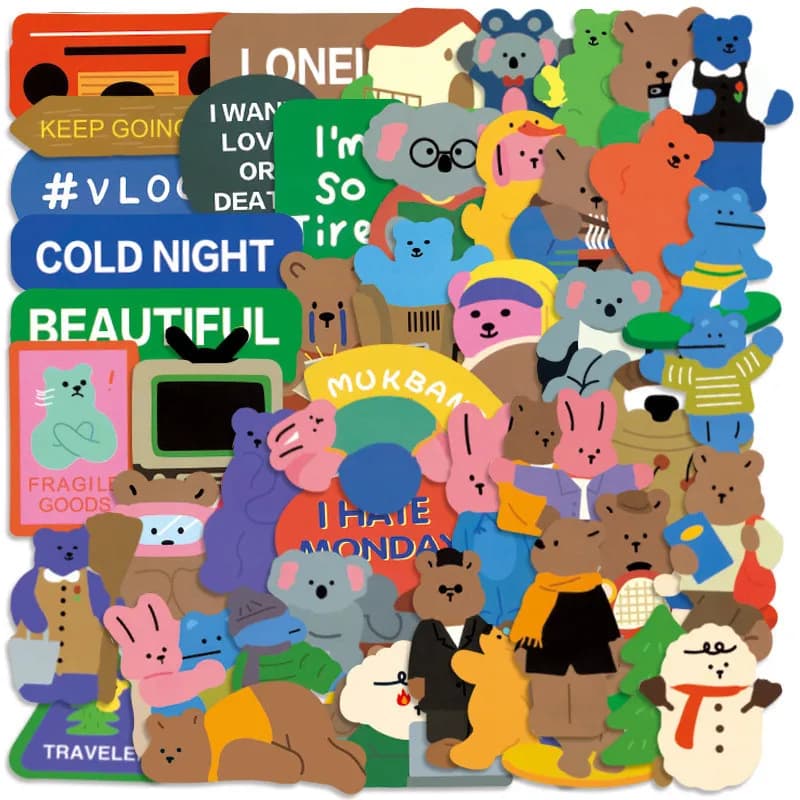 50 Adesivi Impermeabili Carini a Tema Koala, Coniglio e Orso per Casco, Bicicletta, Diario, Astuccio - Papery Pop Store