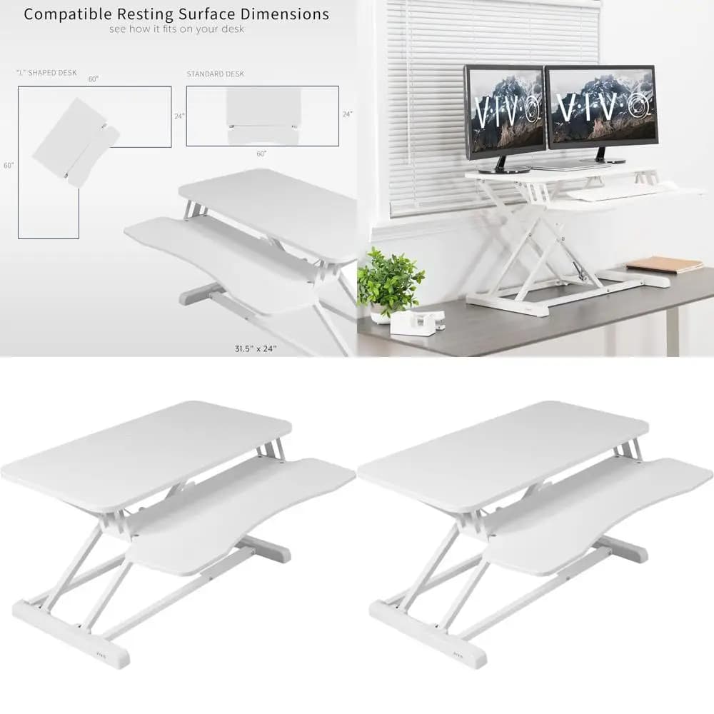 Convertitore per Scrivania Regolabile in Altezza, Supporto per Doppio Monitor e Laptop con Ampio Vassoio per Tastiera, Bianco