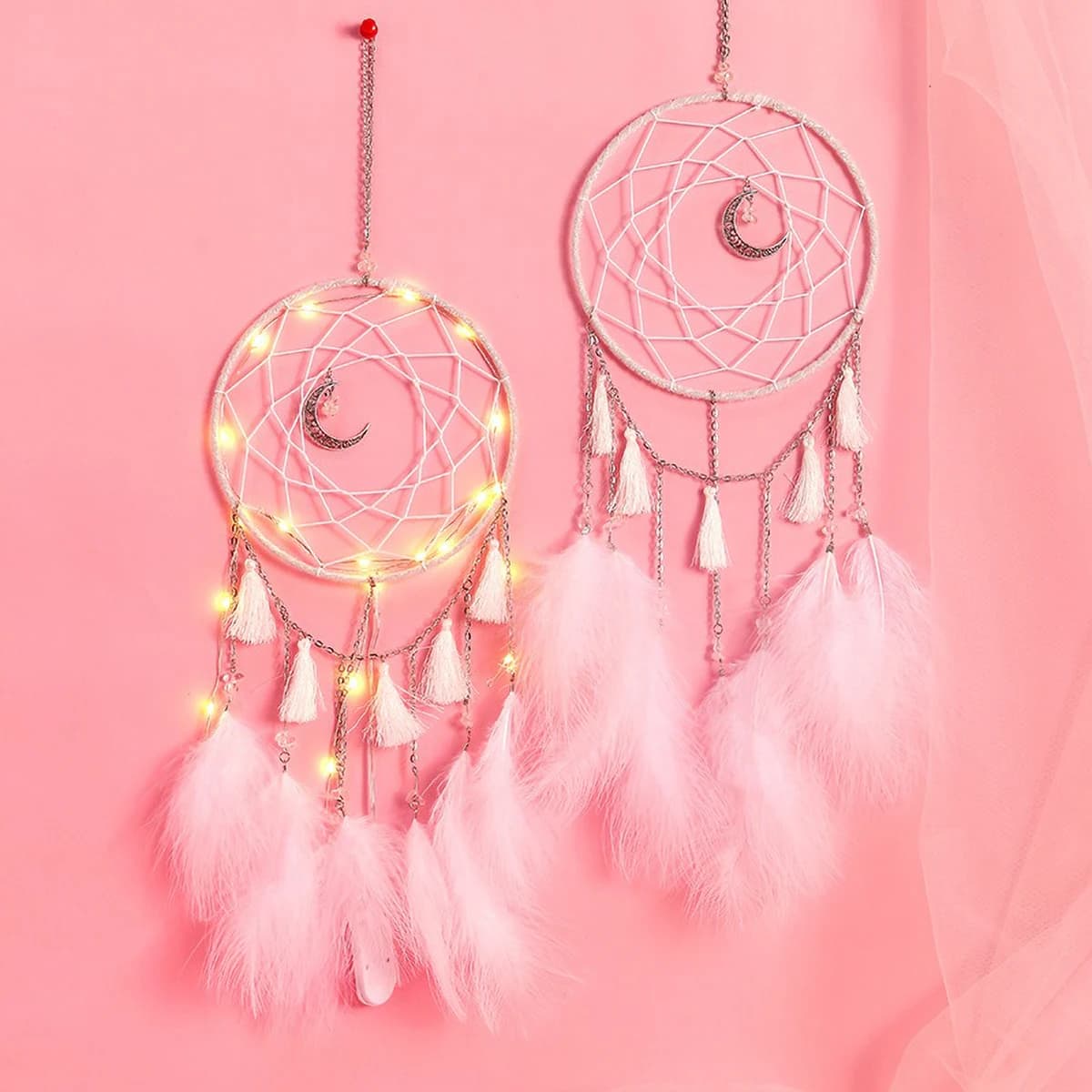 Elegant Feather Wind Chime with Dream Catcher Net, LED Pendants - Creative Handmade Gift for Her"