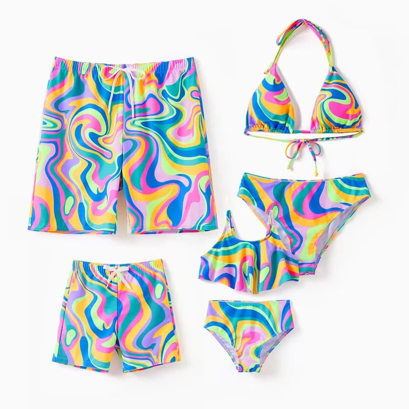 Costumi da bagno coordinati per la famiglia con stampa tie-dye colorata o bikini a due pezzi con laccetto al collo