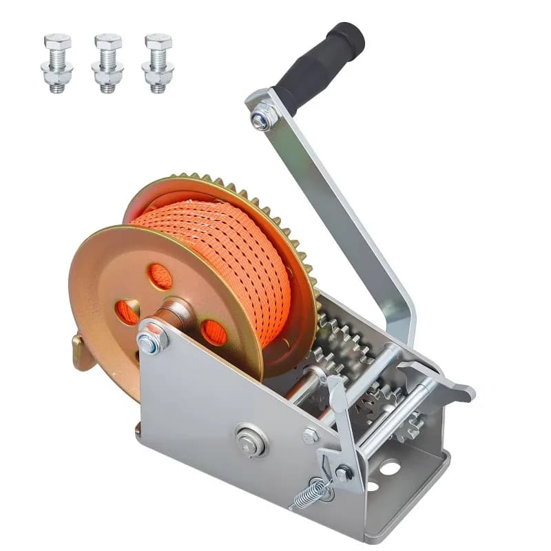 Heavy Duty Manual Marine Winch with 20ft Orange Polyester Belt, Two-Way Ratchet, 2-Speed, Portable, with Synthetic Rope