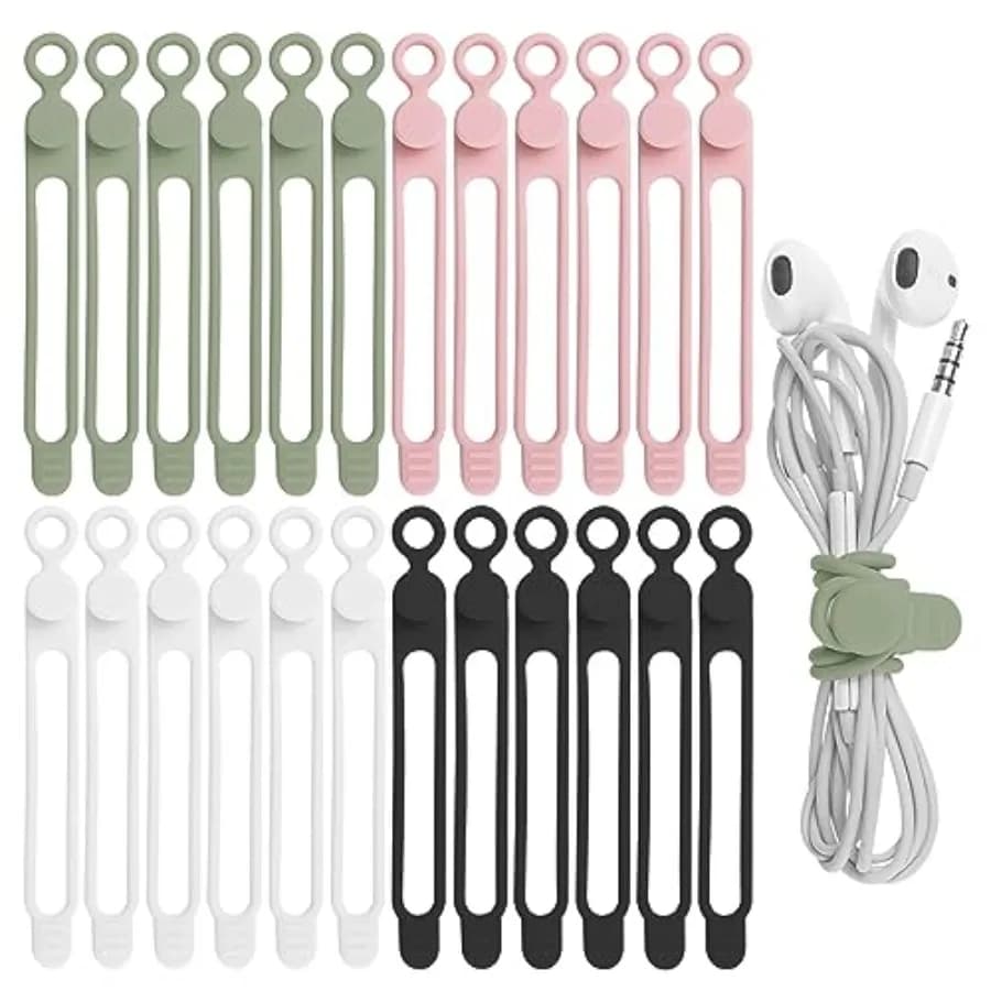 24Pcs Silicone Cable Ties, Cord Organizer Cable Management Reusable Cord Ties for Electronics, Office Desk Accessories, Home Tr
