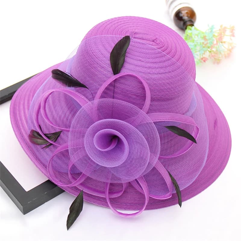 Cappello da sole estivo a fiore grande per donna Cappello da pescatore di lusso con piume blu rosa Cappello da spiaggia da donna in organza per berretto di piume solide femminile