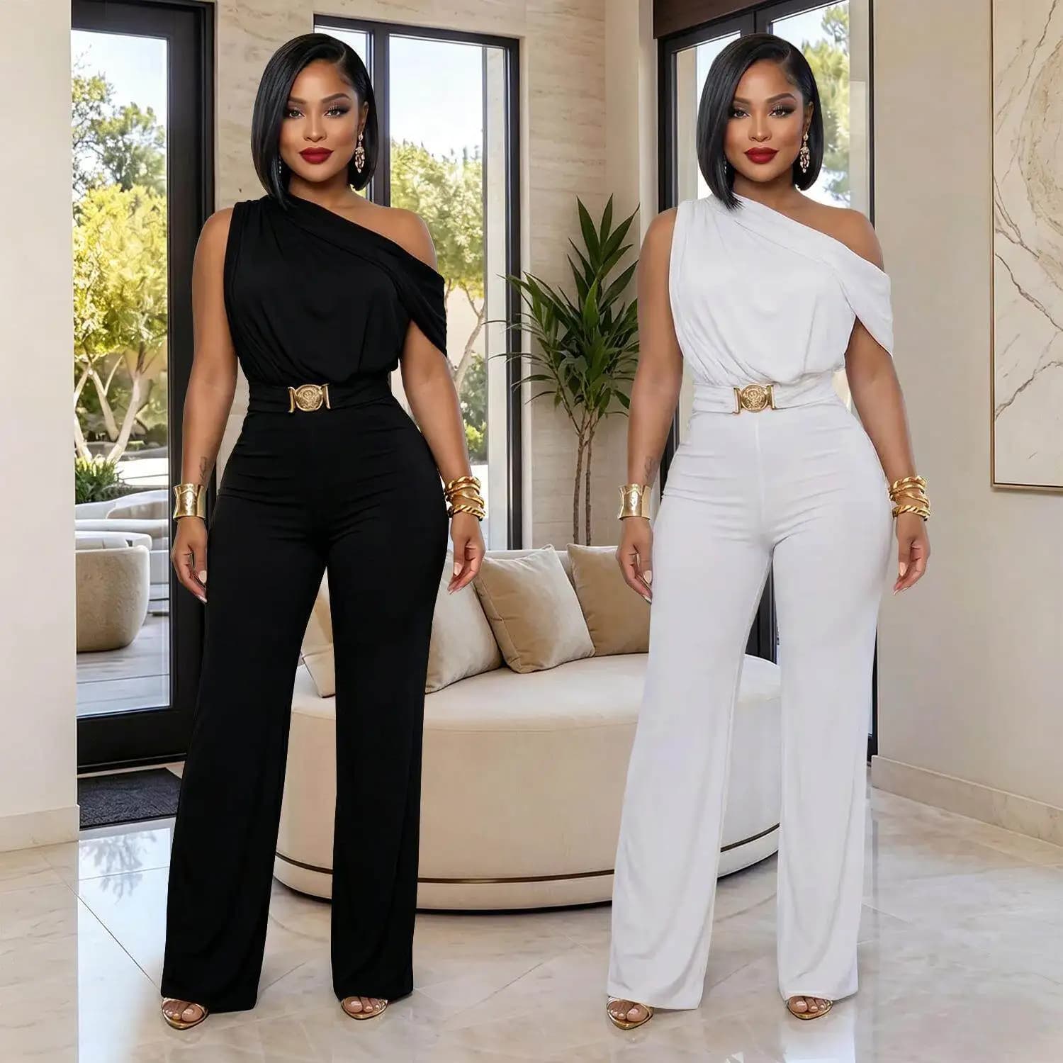 Elegant Pure Color One-Piece Suit C7718 Fashionable Asymmetrical Shoulder Belted for Women Autumn Long Pants Sleeveless