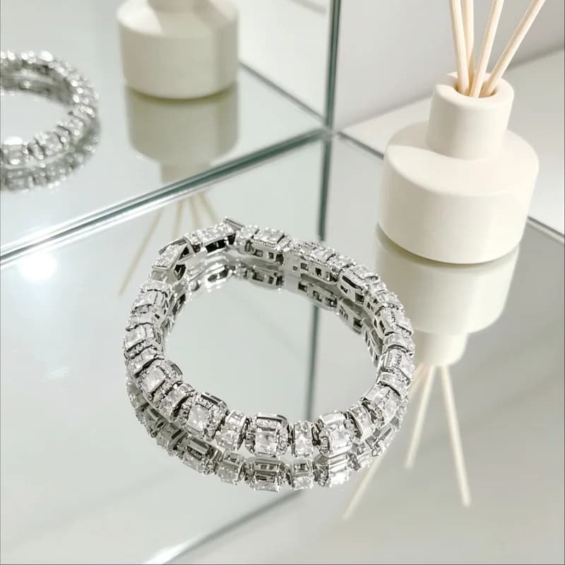 Bracciale Tennis di Lusso Color Argento con Zirconi Quadrati, Bracciali a Maglie Spesse con Cristalli Scintillanti, Gioielli da Donna per Matrimoni e Feste, Idea Regalo