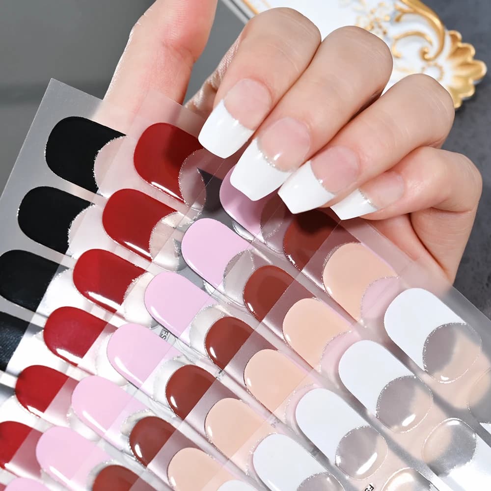 16 Tips Glitter Semi-Cure Gel Nails Sticker Fashion Solid Color Nails Decalcomania Adhesive in gel to total cover Request lamp UV Nail Cursor *
