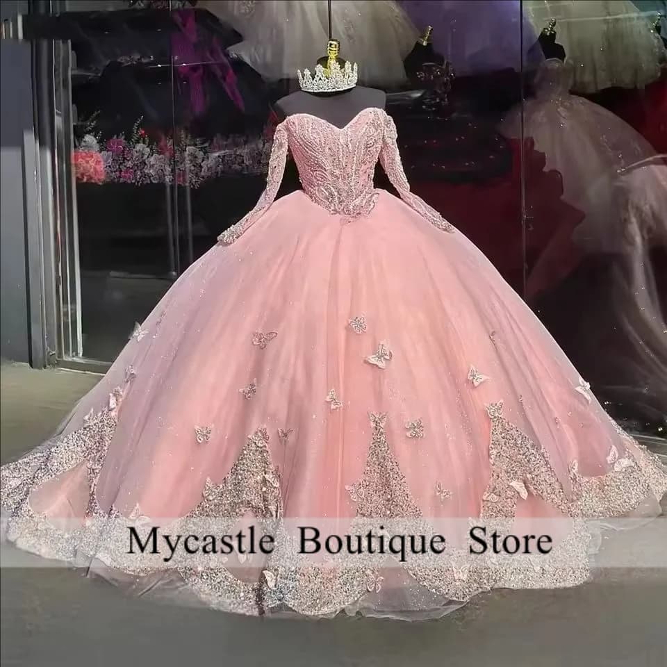 Eleganti abiti Quinceanera rosa 2025 maniche lunghe abito da ballo con perline abito dolce 16 abito da festa di compleanno fiore personalizzato