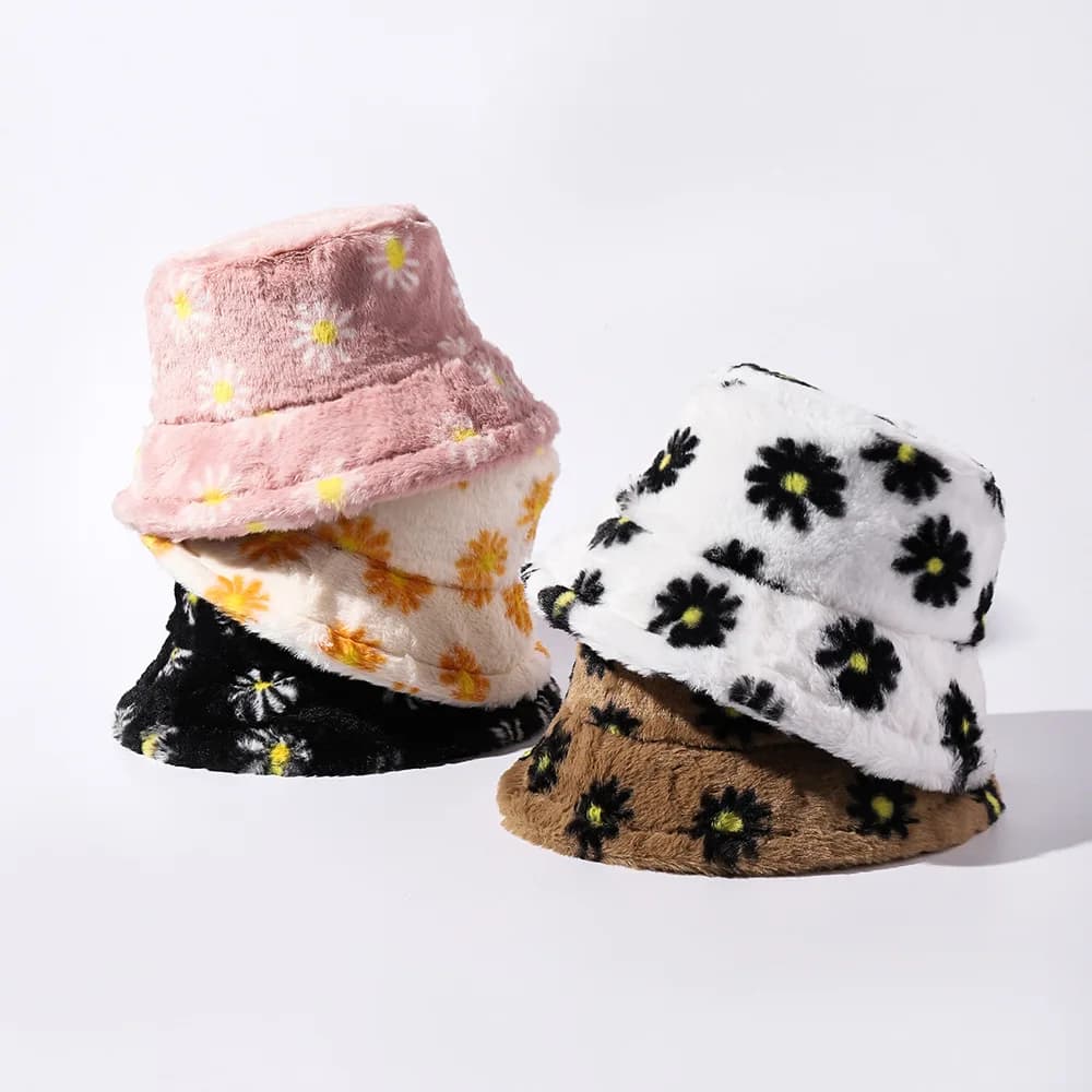 Fiori Stampa Pelliccia sintetica Soffice Cappello a secchiello Donna Cappelli caldi da esterno Morbido velluto peloso Berretti da pescatore Ragazza Moda Panama 2025