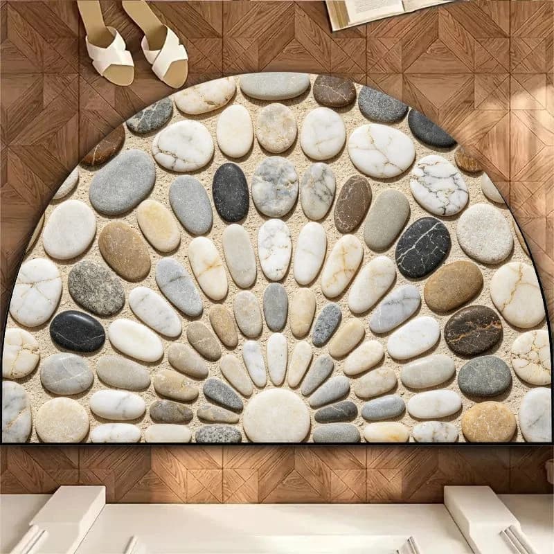 VIKAMA Neutral Pebble Shower Mat, Semi-Circle Natural Stone Soft Absorbent Bath Rug