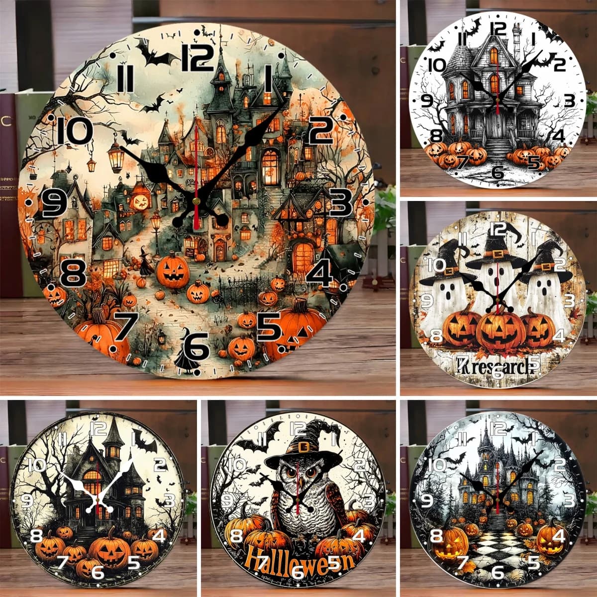 Wooden Round Suspended Wall Clock with Halloween Pumpkin, Suitable for living room, office, study room, bedroom, home decoration