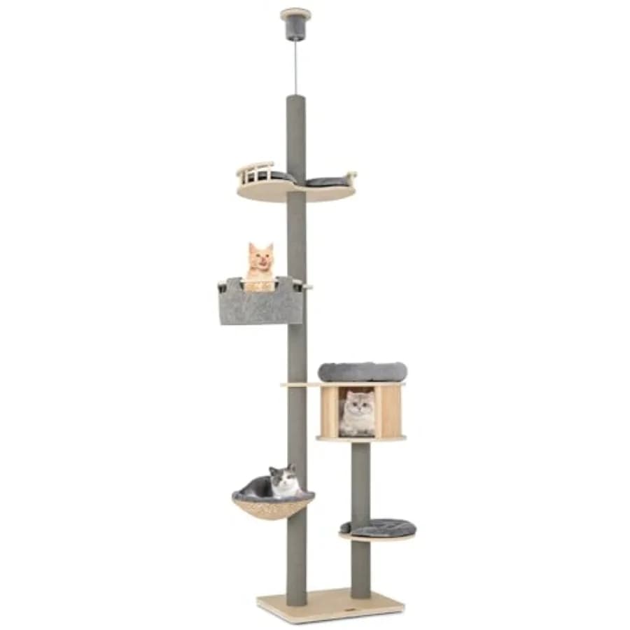 Albero per Gatti a 5 Livelli da Pavimento a Soffitto con Altezza Regolabile 100-110 Pollici per Gatti Grandi, Palo per Arrampicata in Legno con Cuccia per Gatti