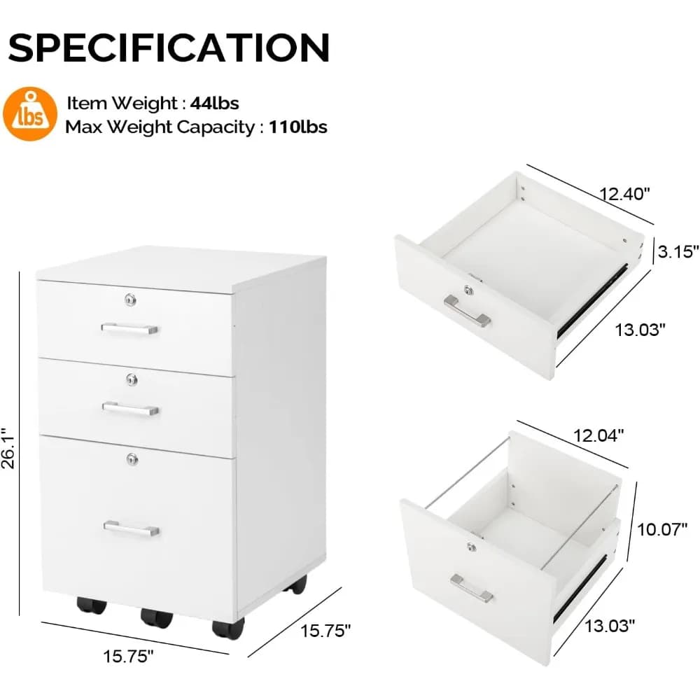Supporto per stampante mobile, organizer per file sotto la scrivania, schedario a 3 cassetti con serratura, schedari con rotelle in legno per l'home office