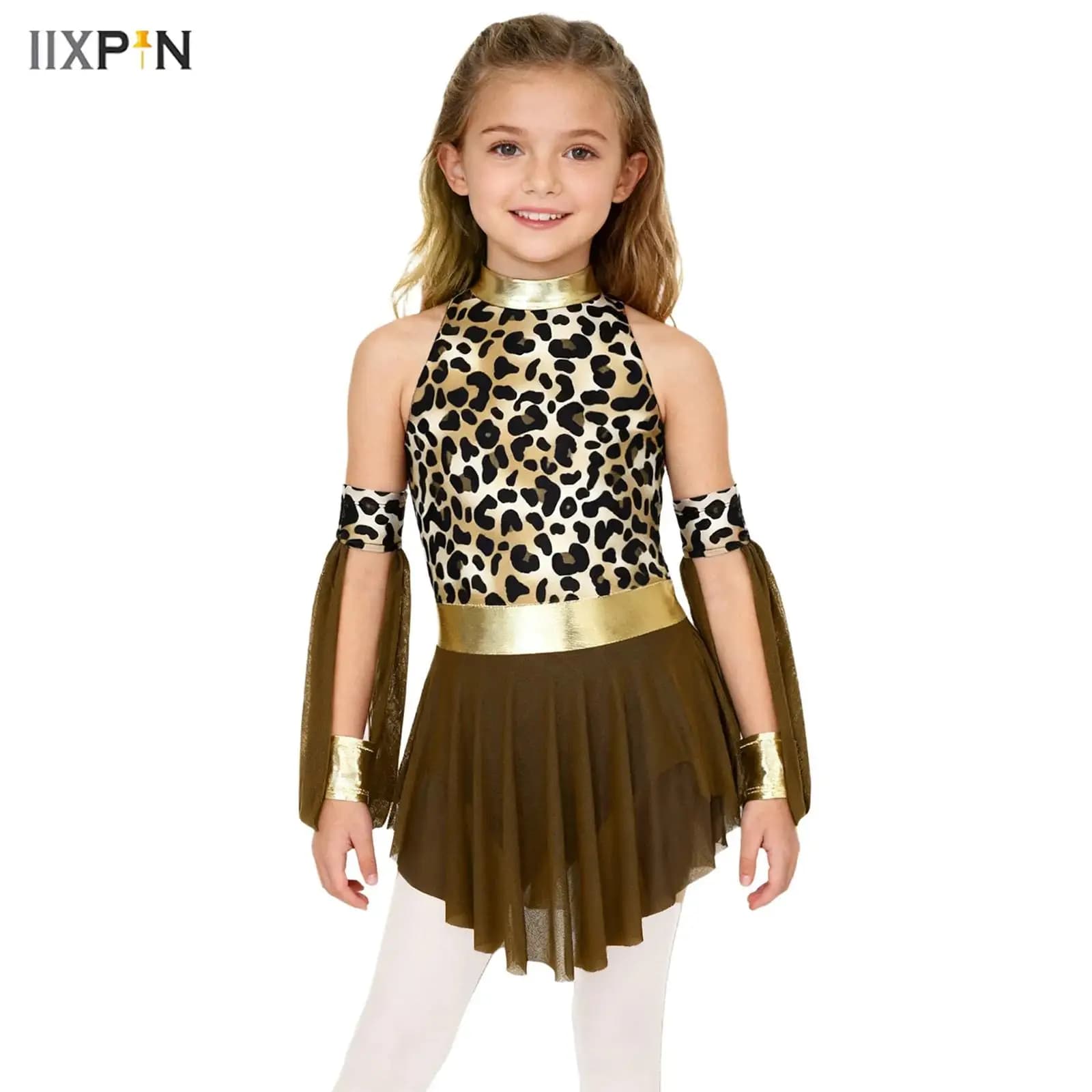 Prehistoric cave costume for girls, leopard print, patchwork, body dress with mesh skirt without metallic sleeves and matching long sleeves