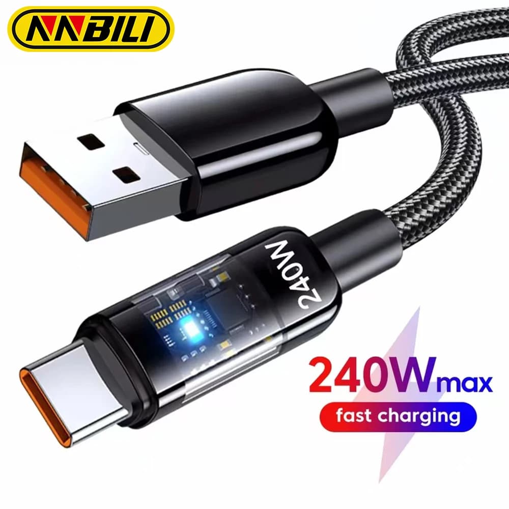 USB C NNBILI charging cable 240 W nylon woven transparent high speed charging cable for Samsung Huawei Mi data line