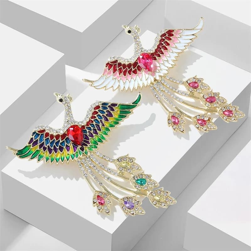 Spilla Phoenix con strass alla moda con coda lunga Accessorio squisito per abbigliamento e borse Regalo dal temperamento versatile