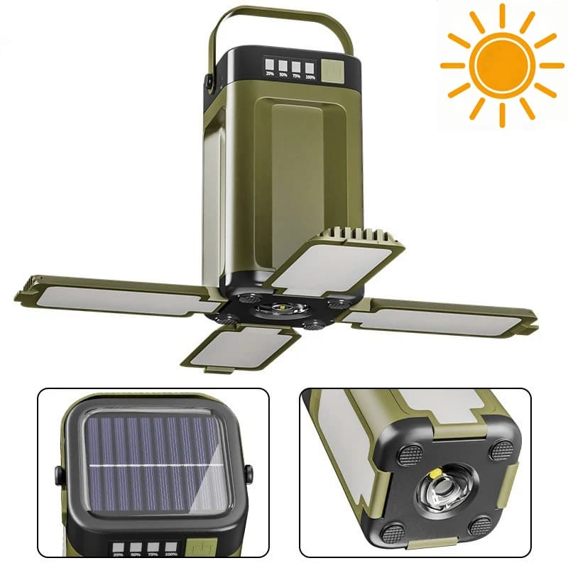 Lampada Solare Pieghevole a 4 Foglie per Campeggio, Luce Portatile Ricaricabile Multifunzionale da Esterno con Illuminazione d'Atmosfera e Luce da Tenda Sospesa