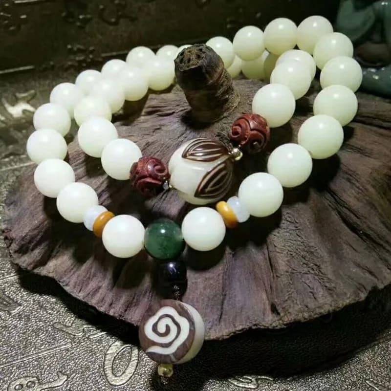 Natural Bodhi Seed Bracelet, White Jade Bodhi Root Couple's Bracelet, Buddhist Bead Jewelry, Lotus Flower Ethnic Style Vintage