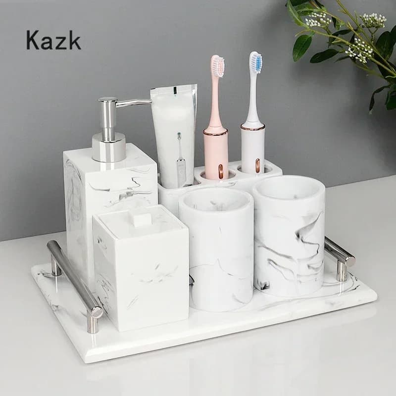Lussuosi accessori per la decorazione del bagno in resina con inchiostro bianco Vassoio portaoggetti per accessori per doccia di lusso da 5 pezzi