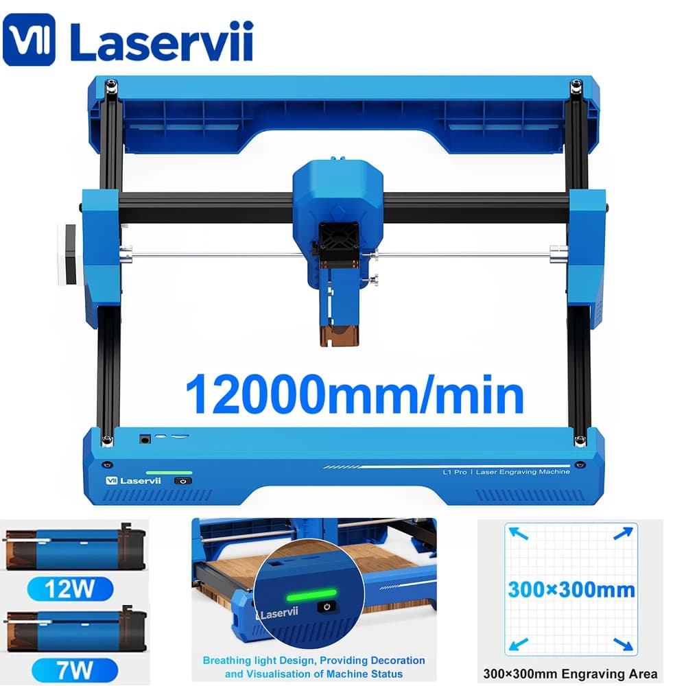 Macchina per Incisione Laser Laservii L1 Pro 7W/L1 Pro 12W, Incisore Laser 300x300mm con Bluetooth per Legno, Metallo, Acrilico, Pelle