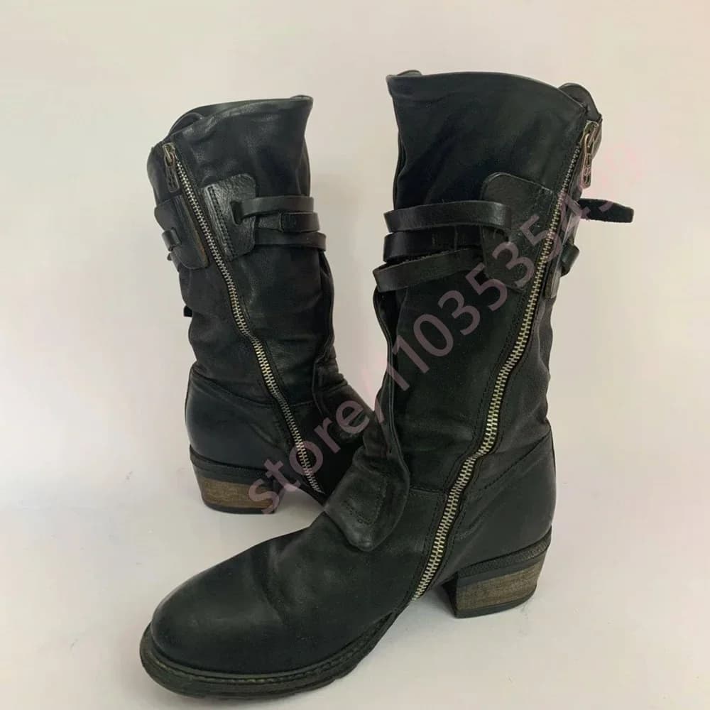 Retro Cowboy Boots with Round Toe, Women's Casual Boots in Leather with Hinge, Mid-Pock Boots with Big Heel and Belt Buckle, Spring Collection 2026
