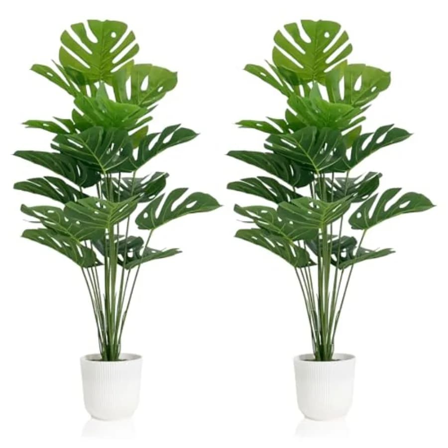 Set di 2 Piante Artificiali Monstera Deliciosa in Vaso, Alberi Tropicali Finti con Foglie e Steli Verdi, Finto Monstera Swiss Cheese da Pavimento