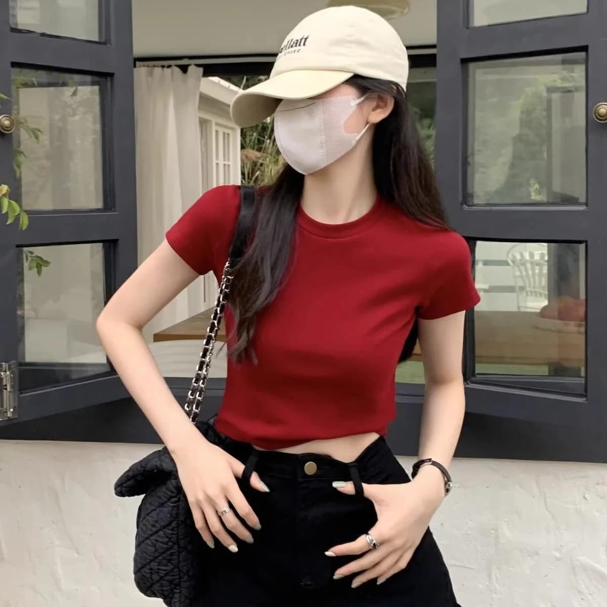 Red Hot Shoulder Fit Short Sleeve T-Shirt Women's Summer American Versatile INS Waist Card Short Sleeve Base Shirt