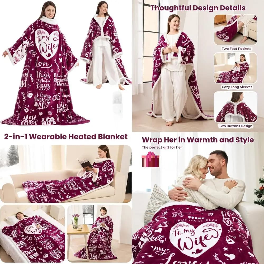 Coperta Elettrica Riscaldata con Maniche e Tasca per i Piedi, 3 Livelli di Calore e Timer, Regalo Unico Ideale per Donne