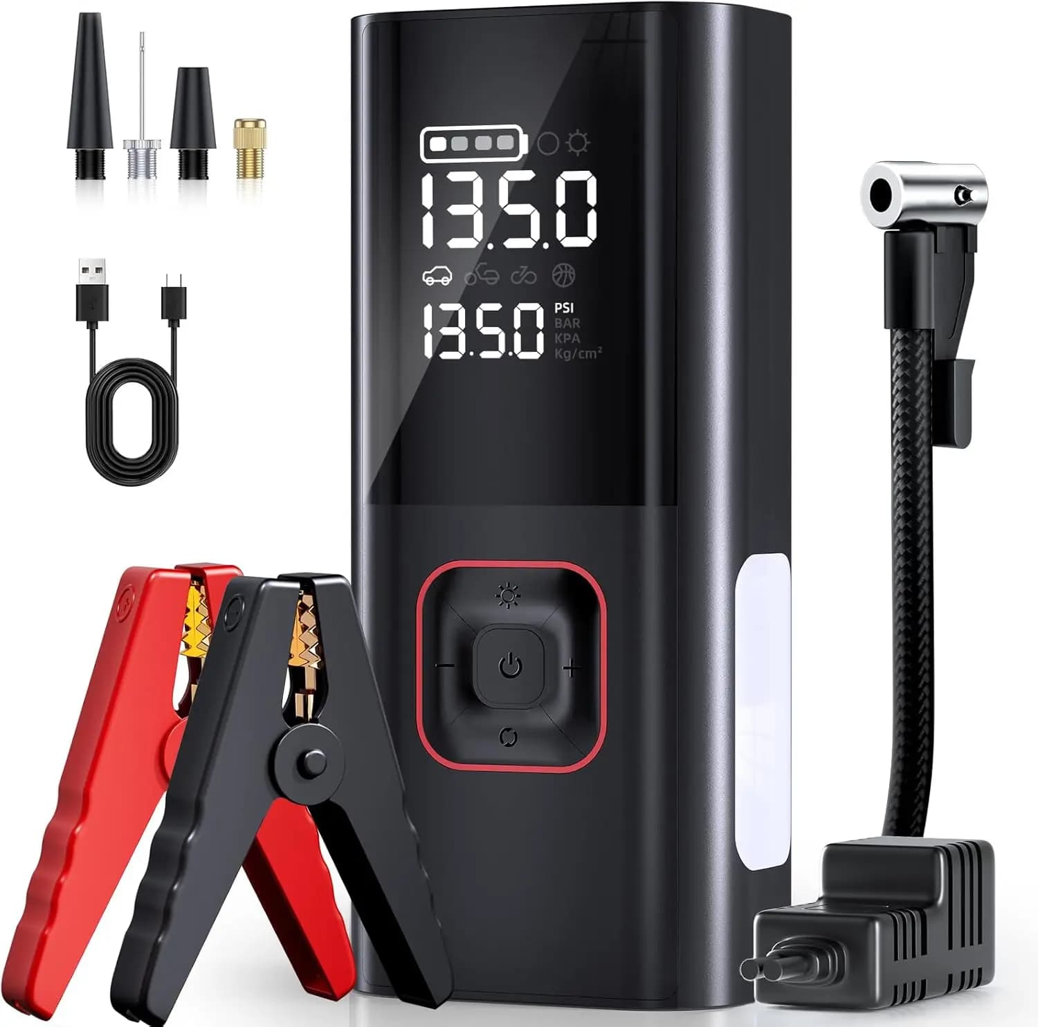 Avviatore portatile da 5000 A con compressore d'aria, gonfiatore per pneumatici 160 PSI per auto/camion, luce LED e power bank