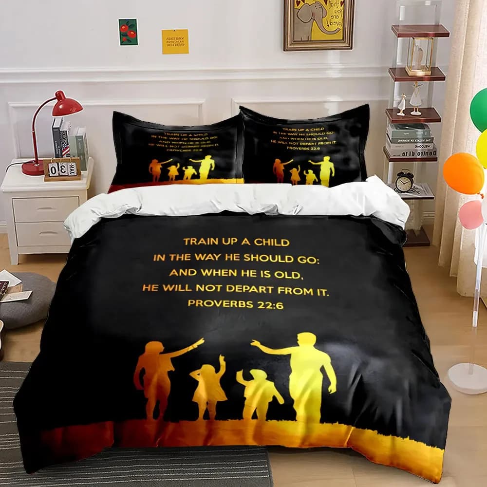 Set biancheria da letto per famiglia cristiana, 3 pezzi, stampa con versetto del Proverbi 22:6 "Train Up a Child", 1 copripiumino, 2 federe, regalo