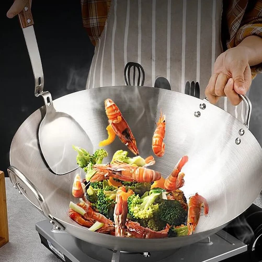 Padella Antiaderente in Acciaio Inossidabile, Wok con Coperchio, Pentola Profonda per Frittura, Utensili da Cucina